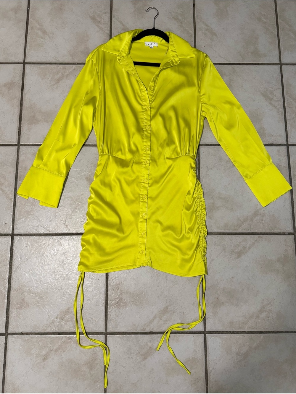 MARBLE Neon Yellow Satin Button-Front Mini Dress